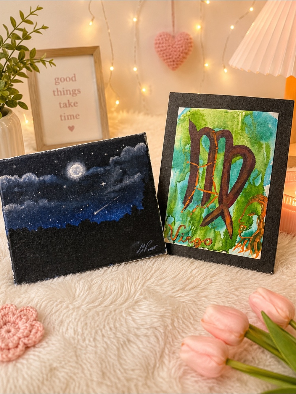 Hand-Painted Virgo Zodiac and Night Sky Mini Canvas Set - Green & Blue